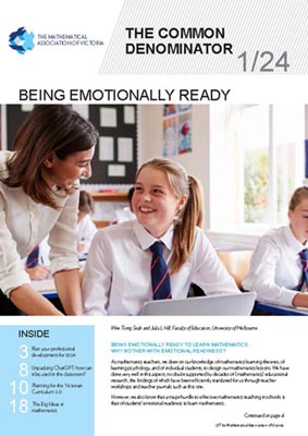 Download the January 2024 issue of The Common Denominator, a quarterly magazine for mathematics educators by the Mathematical Association of Victoria. It provides information and articles about the MAV and its activities, and maths education in general.